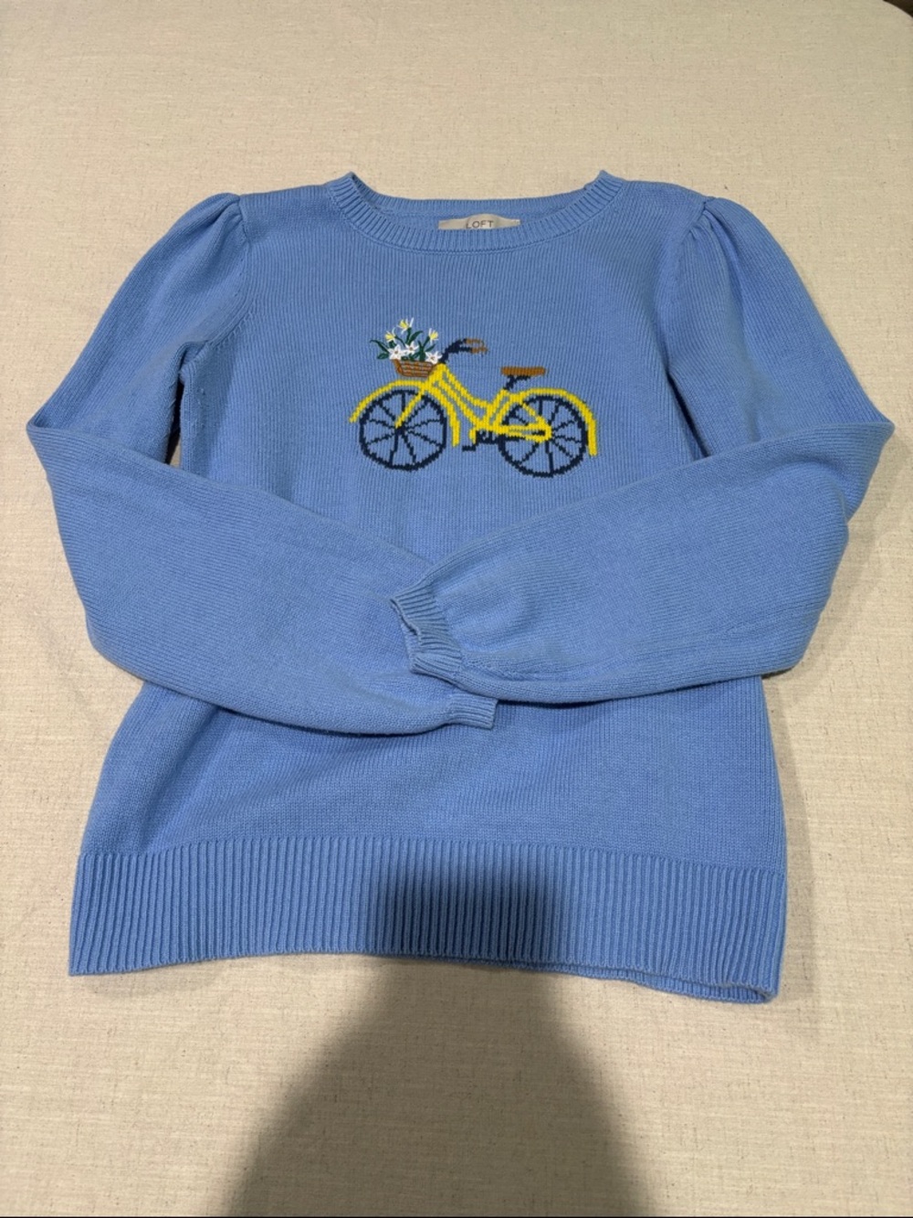 LOFT Periwinkle Crewneck Sweater Yellow Spring Bicycle Motif & Puffy Sleeves